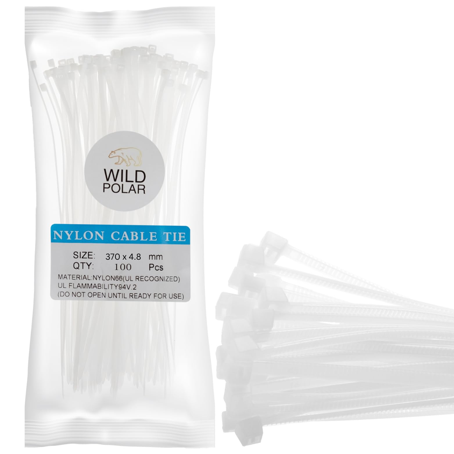 Wild Polar Premium Cable Ties - Clear/White & Black - Range of Sizes - 100 Pack Nylon Plastic Tie Wraps - Self Locking Small Zip Ties (White/Clear, 370mm x 4.8mm 100 Pack)
