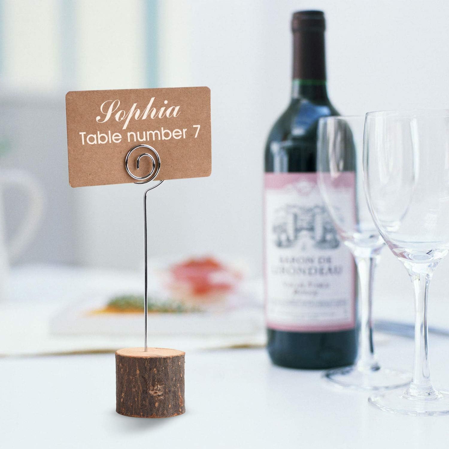Toncoo 10Pcs Premium Wood Place Card Holders with Swirl Wire and 20 Pcs Kraft Place Cards, Rustic Wood Table Number Holders Stands, Name Cards Photo Holders for Wedding Party Sign Food Cards Label: Home & Kitchen
