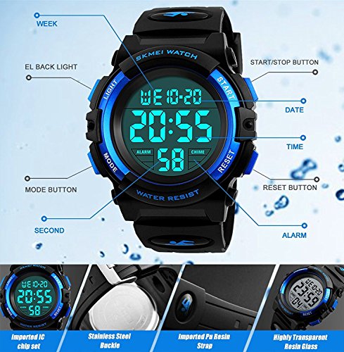 Boys Watches Waterproof Sports LED Digital Kids Teens Watch with Alarm Stopwatch Timer Blue