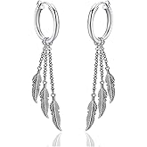 Fusamk Punk Rock Stainless Steel Feather Drop Dangle Earrings Huggie Hinged Hoop Earrings,2PCS