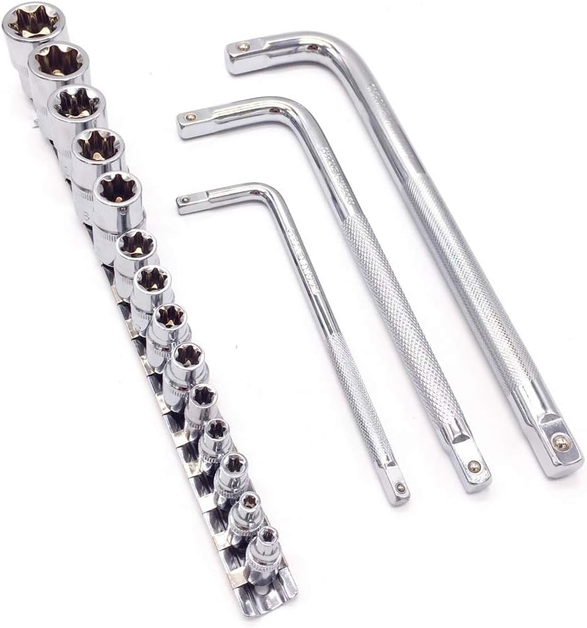 JENLEY 17pc FEMAIL E-TORX(Star) Socket Set/Rail,Female External Torx Socket set,E4-E20 with L Handle