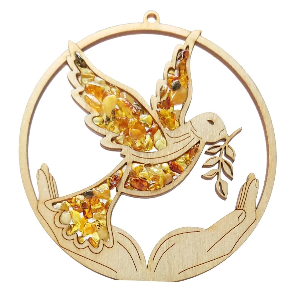 Window Decoration Suncatcher Amber in Birch Wood Peace Dove Diameter 11 cm Including Gift Box