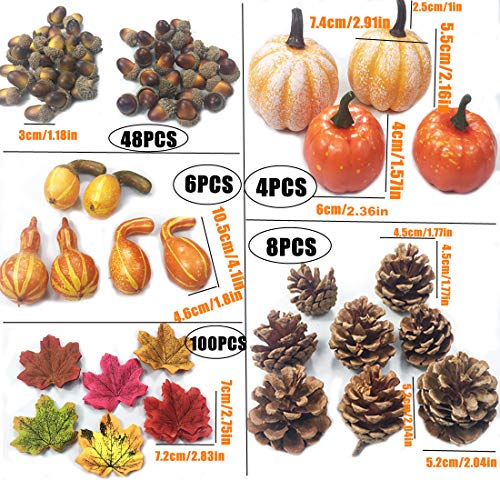 COTOSEY 166 Pcs Artificial Pumpkins Gourds Maple Leaves Acorns Natural Pinecones Ornament Set for Decorating and Designing