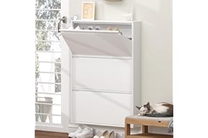 GREATMEET Shoe Cabinet with 3 Flip Drawers, Metal Entrance Shoe Cabinet Storage for Entryway, Modern Hidden Narrow Shoe Rack Organizer Cabinets Wall Mount for Living Room, Bedroom, Hallway, White