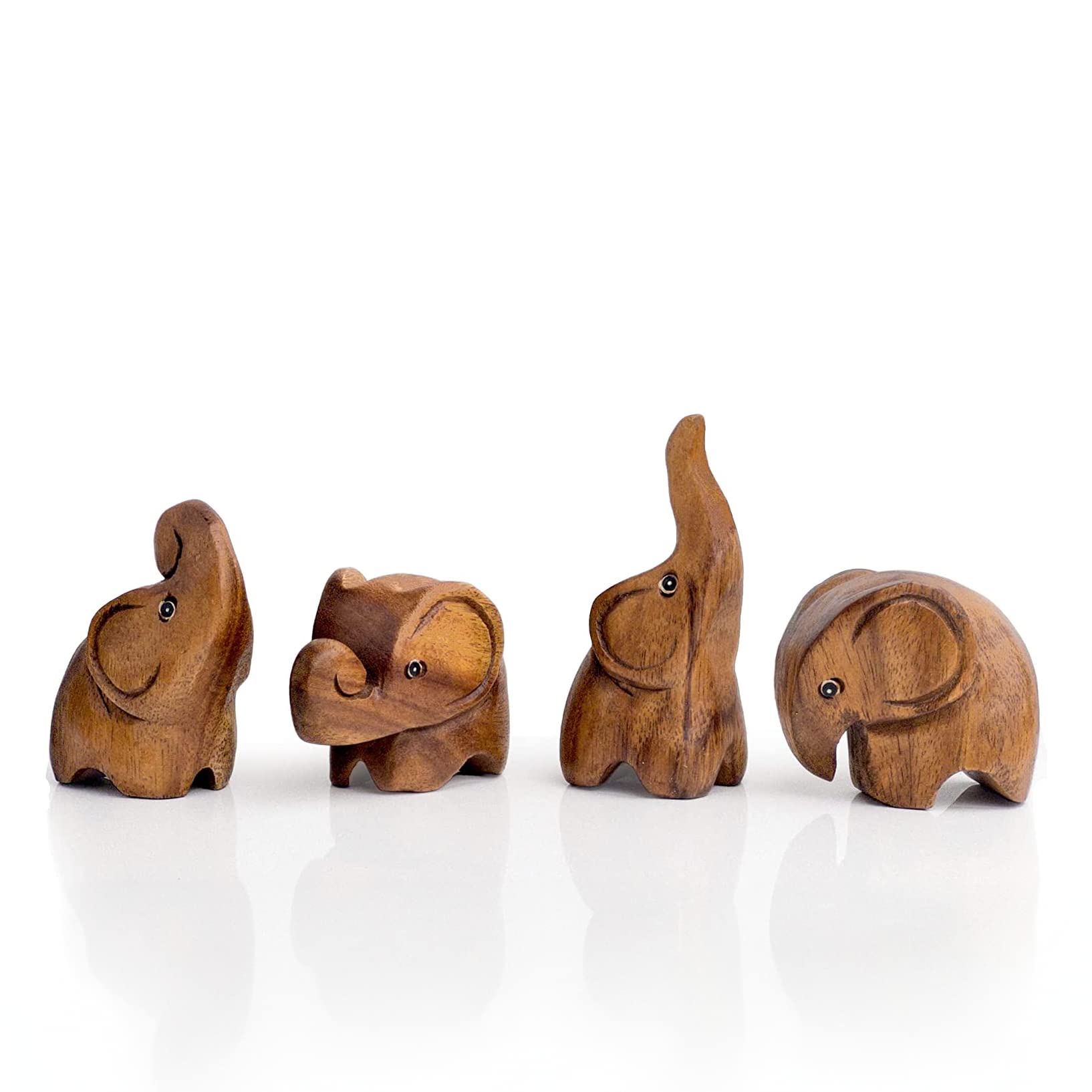 Hand Carved Wooden Elephant Ornaments – Set of 4 Small Elephant Figurines – Handmade Wooden Animal Decor for Home, Lucky Elephant Gift, Elephant Statue Set