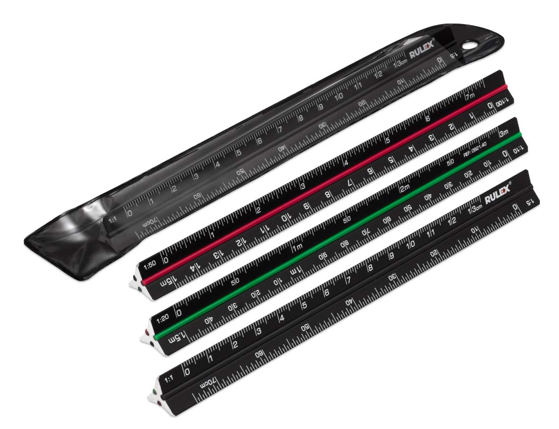 Rulex 150mm 15cm mini black metal triangular scale ruler with coloured stripes and Scales: side 1 – 1:1 & 1:5, side 2 – 1:20 & 1:10, side 3 – 1:50 & 1:100