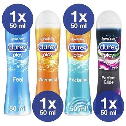 Gleitgel 4er Durex Play-Probierset mit 1x Wärmend + 1x Prickelnd + 1x Perfect Glide + 1x Feel in 50ml Dosierflaschen