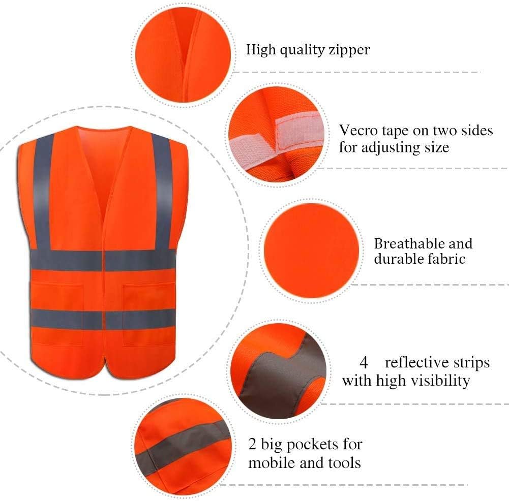 JSungo High Visibility Orange Safety Vest 10 Pack, ANSI Class 2 Identification Security Vest with 4 Reflective Silver Strips, Velcro Construction Vest for Night Running, Jogging, Cycling Walking - - 