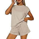 ATHMILE Womens Two Piece Crew Neck Short Sets Cap Sleeve Drawstring Spring Summer Sweatsuit with Pocket Beach Vacation
