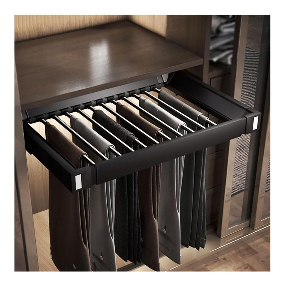 Photo 1 of Pull Out Pants Rack for Closet, Retractable Wardrobe Trousers Rack Jeans Hanger for Cabinet Inner Width 33.5"~47.2", Space Saving Aluminum Alloy Closet Organizer (Black)