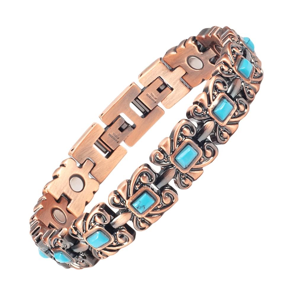 EnerCoppeX Women's Magnetic Bracelet, Stainless Steel Copper Turquoise Magnetic Bracelet with 3500 Gauss Magnet (Growth Link Included)