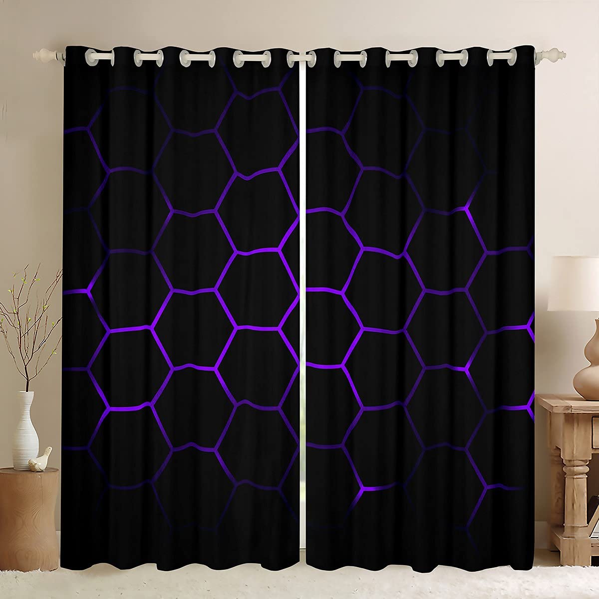 Geometric Curtains 3D Hexagon Pattern Window Curtains for Bedroom Living Room Kids Boys Girls Colorful Check Artwork Window Drapes Purple Black Window Treatments W52*L63