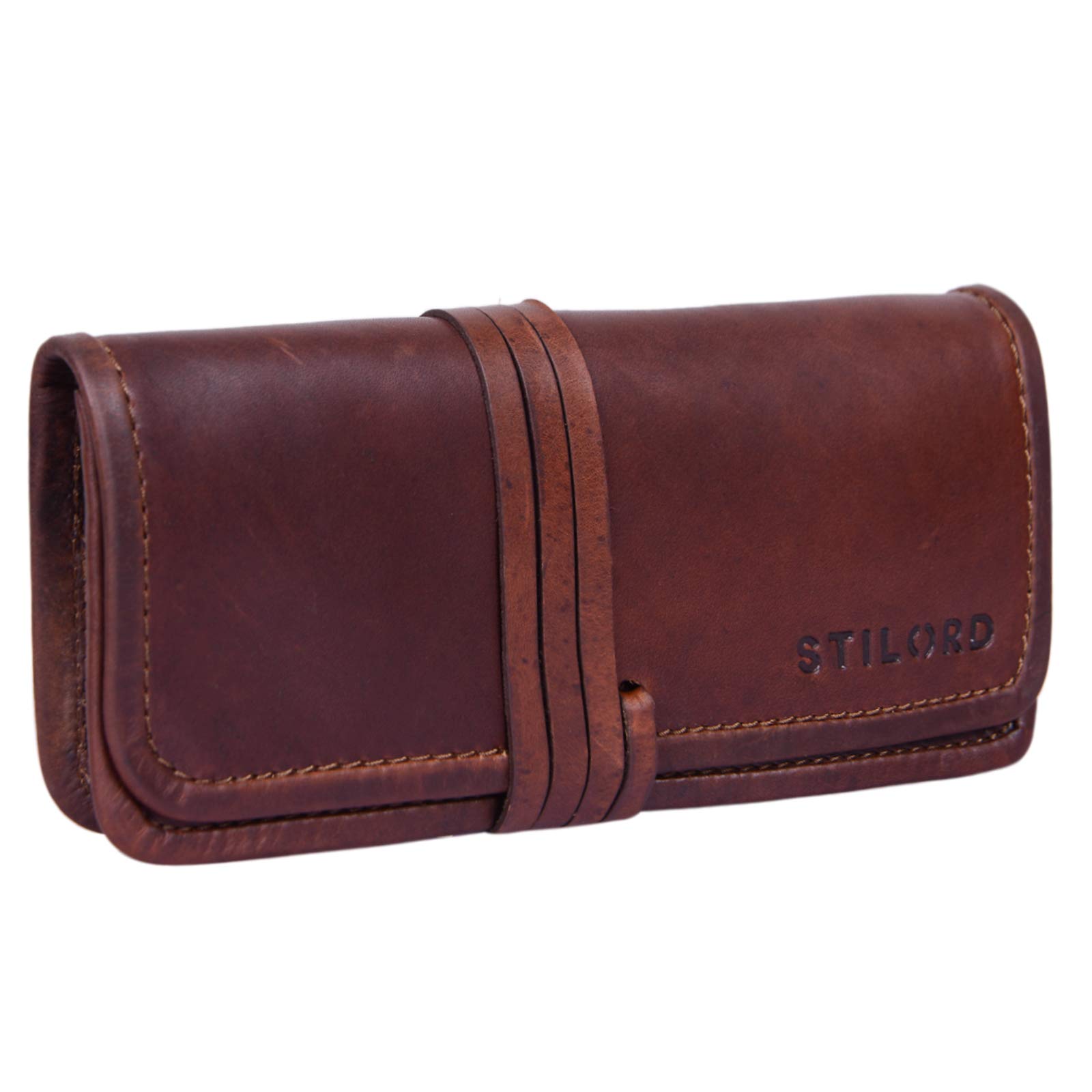 STILORD "Lenny" Pencil case Leather Vintage Small Ideal as a Little Wallet Purse Stylish Pen case and Cosmetic case in Genuine Buffalo Leather Colour:Cognac Dark Brown