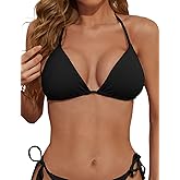 Zuvebamyo Women's Triangle Bikini Top Ribbed Push up Padded Halter String Bathing Suits Top