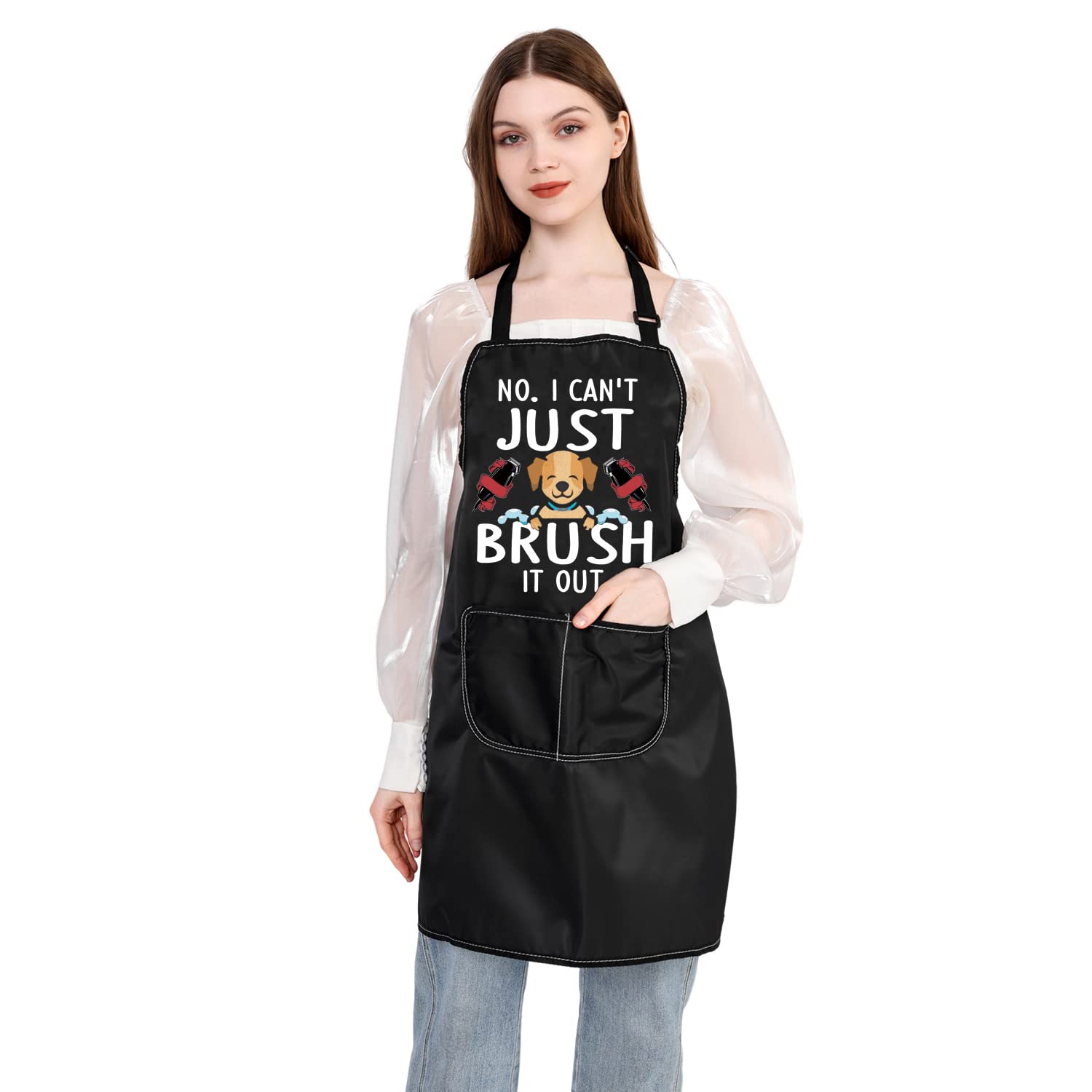 PLITI Dog Groomer Apron - 'No, I Can't Just Brush It Out' - Black Unisex Adults - 22.8W x 28.7L (68.5*73cm) - 2 Pockets - Polyester - Pet Groomers, Dog Stylists