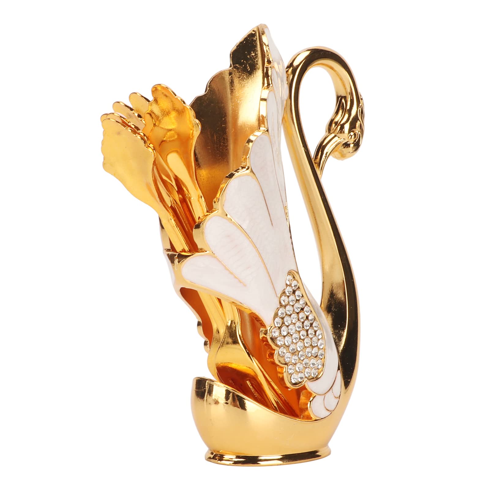 Coffee Dessert Spoon Holder Set Gold Swan Base Holder Coffee Dinnerware Set with Forks Spoons for Bistros Bars Parties (Golden White Fork)