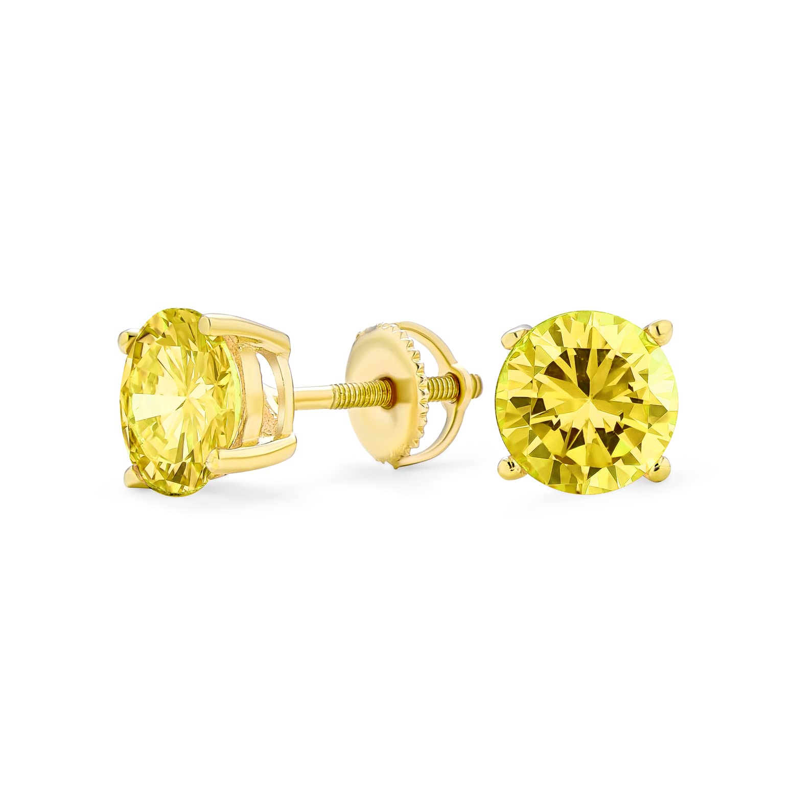 2CTSolitaire Round Canary Yellow AAA CZ Stud Earrings For Women Gold Plated .925 Sterling Silver Screw Back 8MM