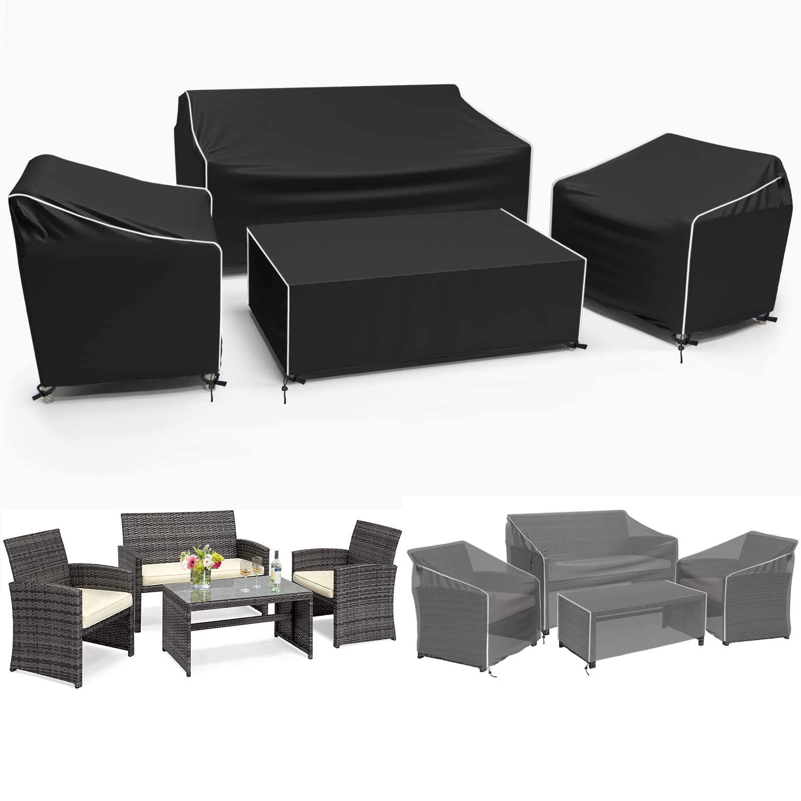 Photo 1 of Gasadar Outdoor Furniture Cover Waterproof, 4 Piece Patio Furniture Covers for Patio Loveseat, Chair and Coffee Table, Heavy Duty 600D, Black