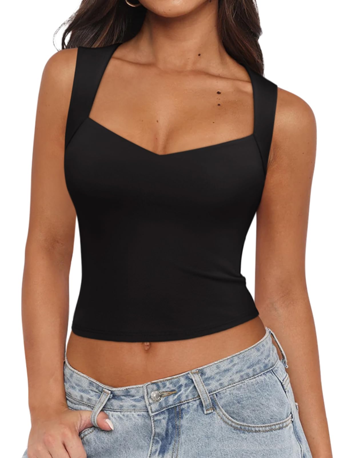 Photo 1 of REORIA Womens Sexy V Neck Sleeveless Crop Tank Top Cute Basic Double Lined Tops 2025 Y2K Going Out T Shirt Black XX-Large