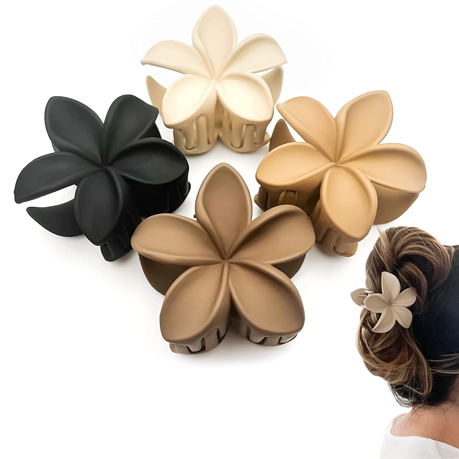 4 PCS Flower Hair Claw Clips - Hawaiian Matte Hair Clips for Women Girls Thick Thin Hair Cute Non-slip Strong Hold Hair Catch Clamps 7cm(4 Neutral Colors)