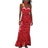 GORGLITTER Women's Floral Mesh Strapless Bodycon Maxi Dresses Halter Backless Wedding Guest Long Tube Dress with Scarf