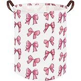 FXOCSHE Bow laundry basket for girls,Nursery Hamper,Pink Laundry Hamper,Waterproof collapsible canvas laundry basket for girls,Pink Girls Laundry Basket,Living Room Decor(Bowknot)