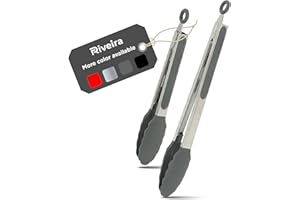 Riveira Grey Tongs for Cooking | 9 and 12-Inch Pieces | Non-Stick Kitchen Grill BBQ Tongs | 550°F High Heat-Resistant Premium Silicone Tips | 304 Stainless Steel