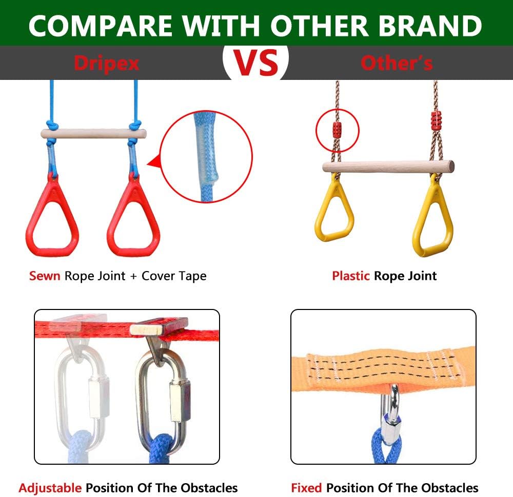 Ninja Warrior Obstacle Course for Kids - 2X50FT Ninja Slackline with Most Complete Accessories for Kids, Swing, Trapeze Swing, Rope Ladder, Obstacle Net Plus 1.2M Arm Trainer (Double Line Design): Toys & Games