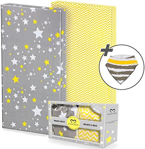 Jersey Cotton Fitted Crib Sheets, 2 Pack-100% Organic & Shrink-Resistant, Soft and Protective.Unisex Chevron & Stars-Grey & Yellow Design,Standard crib Mattress- No Rips or Holes with Use,Guaranteed!