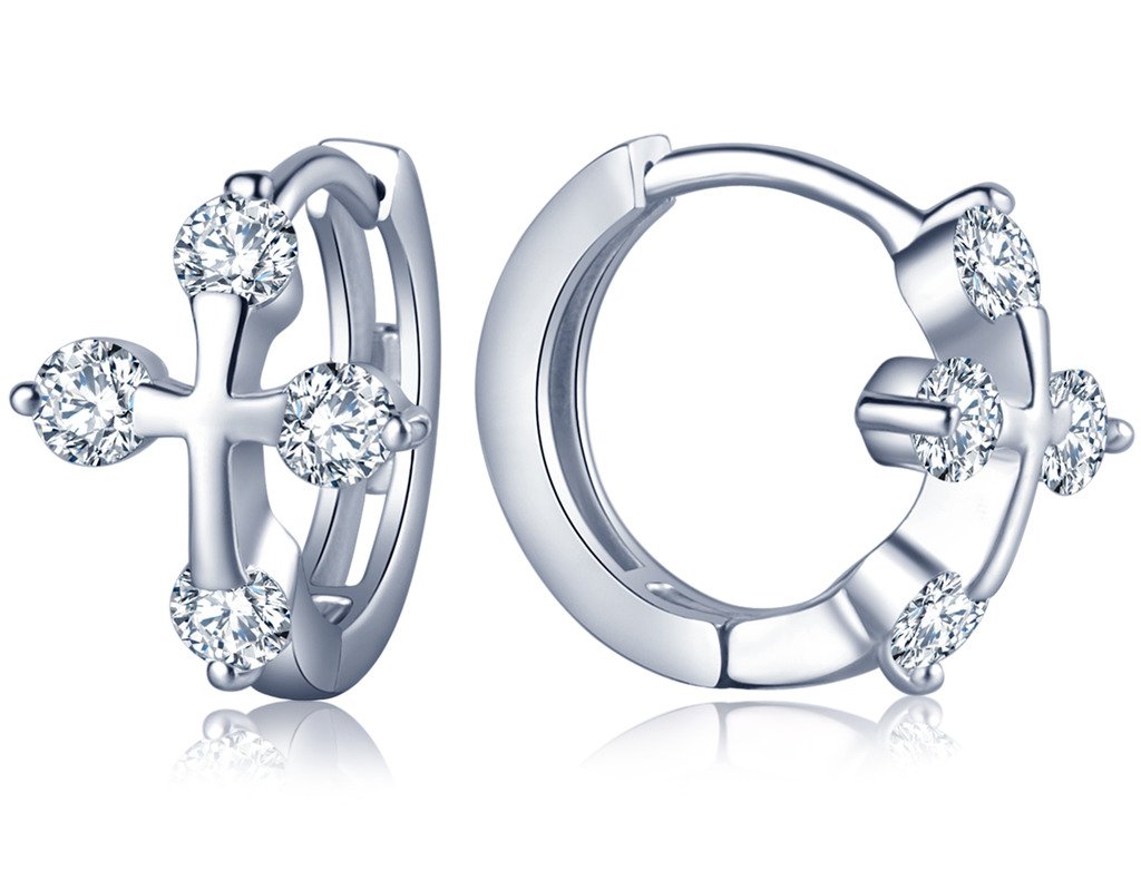 Infinite U Classic Cross 925 Sterling Silver Cubic Zirconia Hoop Earrings Creole for Women/Girls, Silver