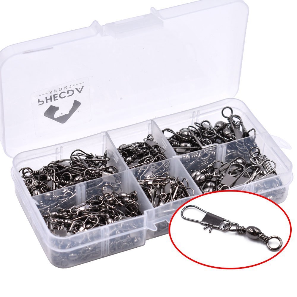 200Pcs/Box Rolling Barrel Swivel with Interlock Snap with Solid Rings Fishing Line to Hook Clips Connectores Size 2# 4# 6# 8# 10# Fishing Swivel Connector (200Pcs/Box Barrel Swivel with Snap Set)