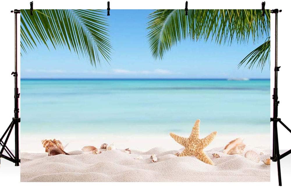 MEHOFOND 7x5ft Summer Beach Bridal Shower Backdrop Banner Seaside Palm Trees Photography Background for Picture Blue Sea Sky Tropical Birthday Wedding Party Decorations Photo Booth Studio Props