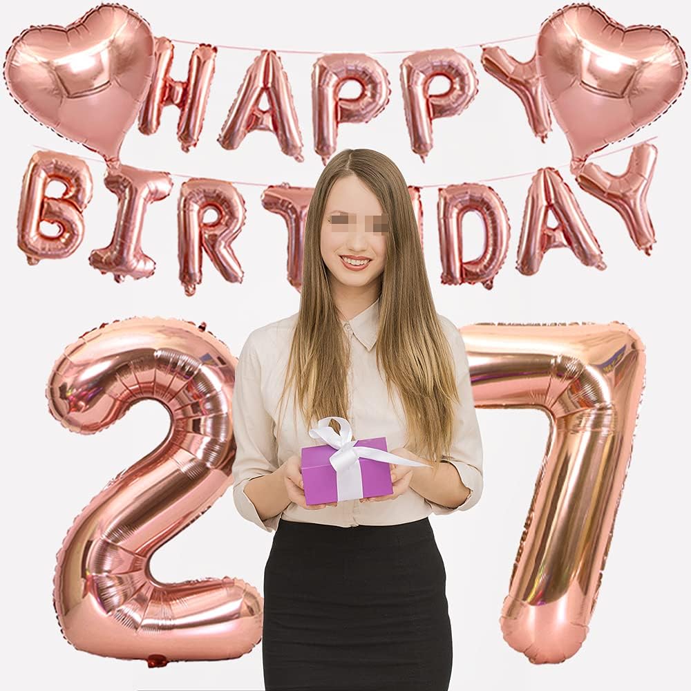Xihuimay 27th Birthday Decoration Set, Happy Birthday Banner, Helium Balloons, Number 27 Balloon, Confetti, Latex - Image 4