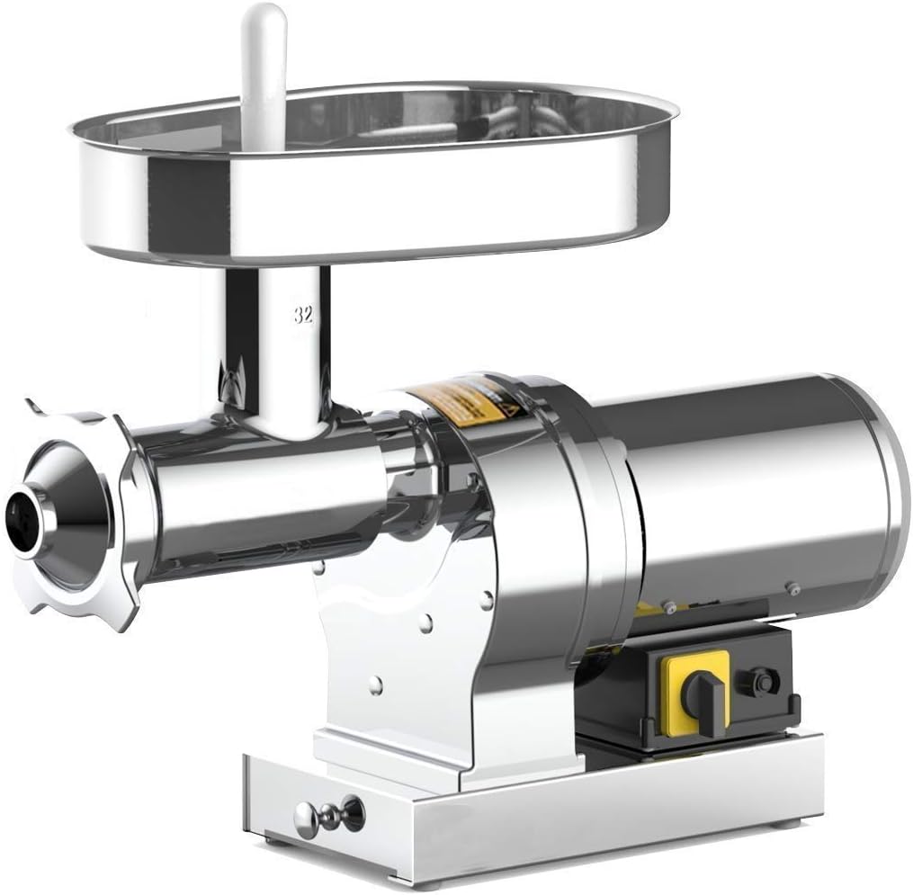 SuperHandy Meat Grinder Sausage Stuffer Electric #32 1.5 HP 1080LBS Per/Hr 1100 Watts Heavy Duty Commercial Stainless Steel Body Cutlery Blade Tray Grinding Plates & Stuffing Tubes Stomper Storage Box