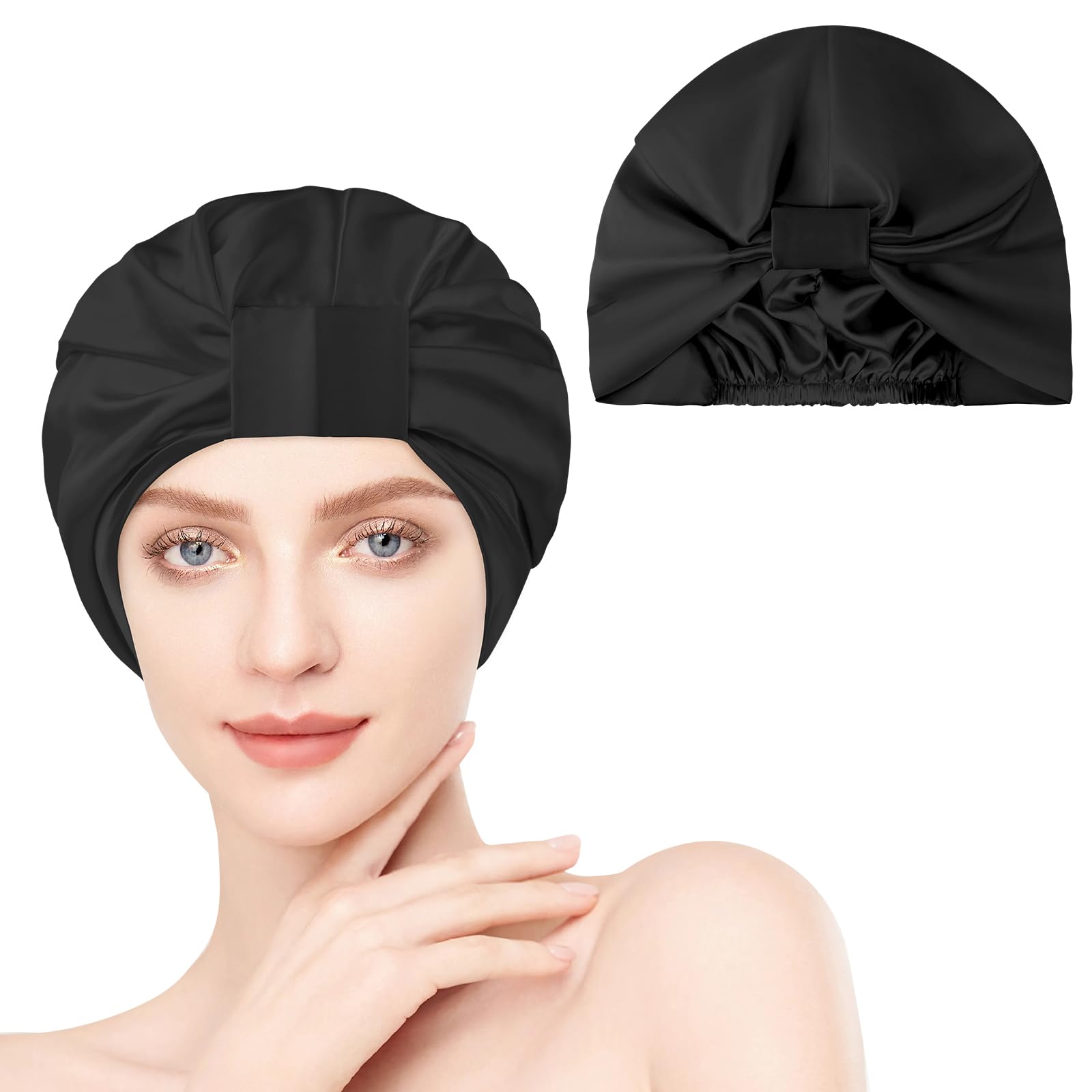 AOGOE Silk Hair Bonnet for Sleeping, Double Layer Sleep Cap, Silk Sleep Cap with Elastic Bow, Night Sleep Cap, Hair Bonnet for Bath, Hair Care Head Cover Hat for Women Girls Straight and Curly Hair