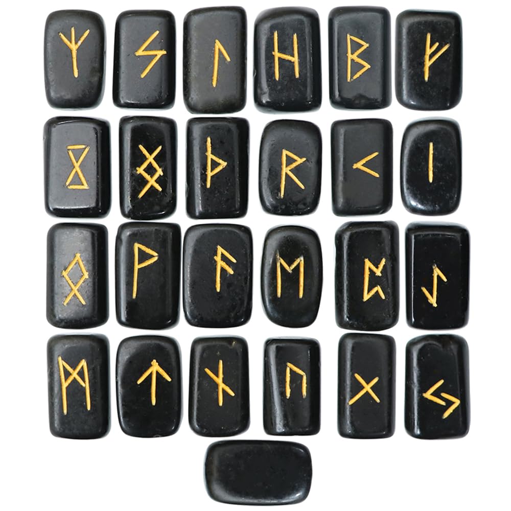 Crocon® Black Agate Rectangle Shape Gemstone Runes with Elder Futhark Alphabet Engraved 25 pcs Rune Set Crystal Divination Metaphysical Healing Chakra Reiki Runes Set with a Pouch Size: 20-25mm