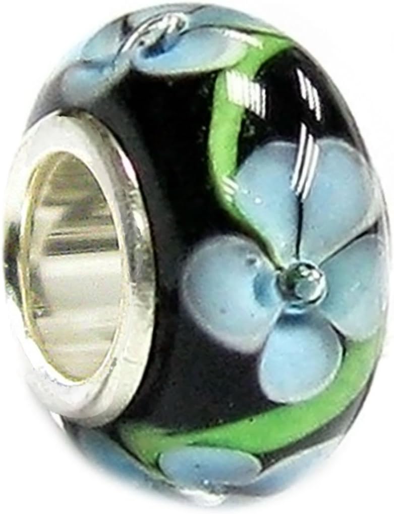 Sterling Silver Black Hawaii Blue Flower Glass Bead for European Charm Bracelets