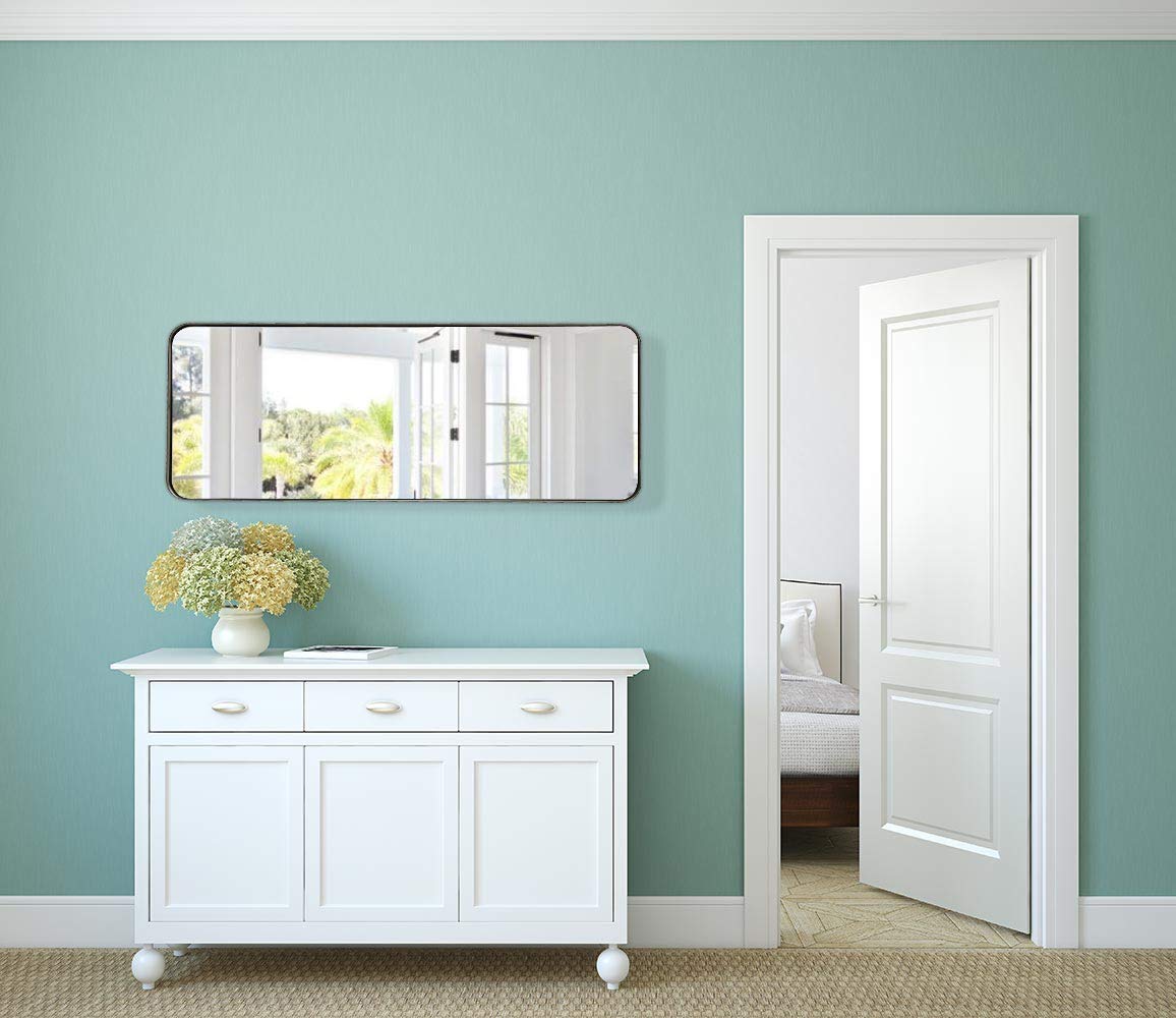 Hamilton Hills Contemporary Brushed Metal Tall Black Wall Mirror | Glass Panel Black Framed Rectangle Deep Set Design (18" x 48")