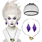 Wiggy Mermaid Sea Witch Wig+Shell Necklace+Earrings Accessories for Women Wicked Undersea Witch Cosplay, Short Silver White Grey Layered Crazy Wig+Cap for Halloween Costume Cosplay