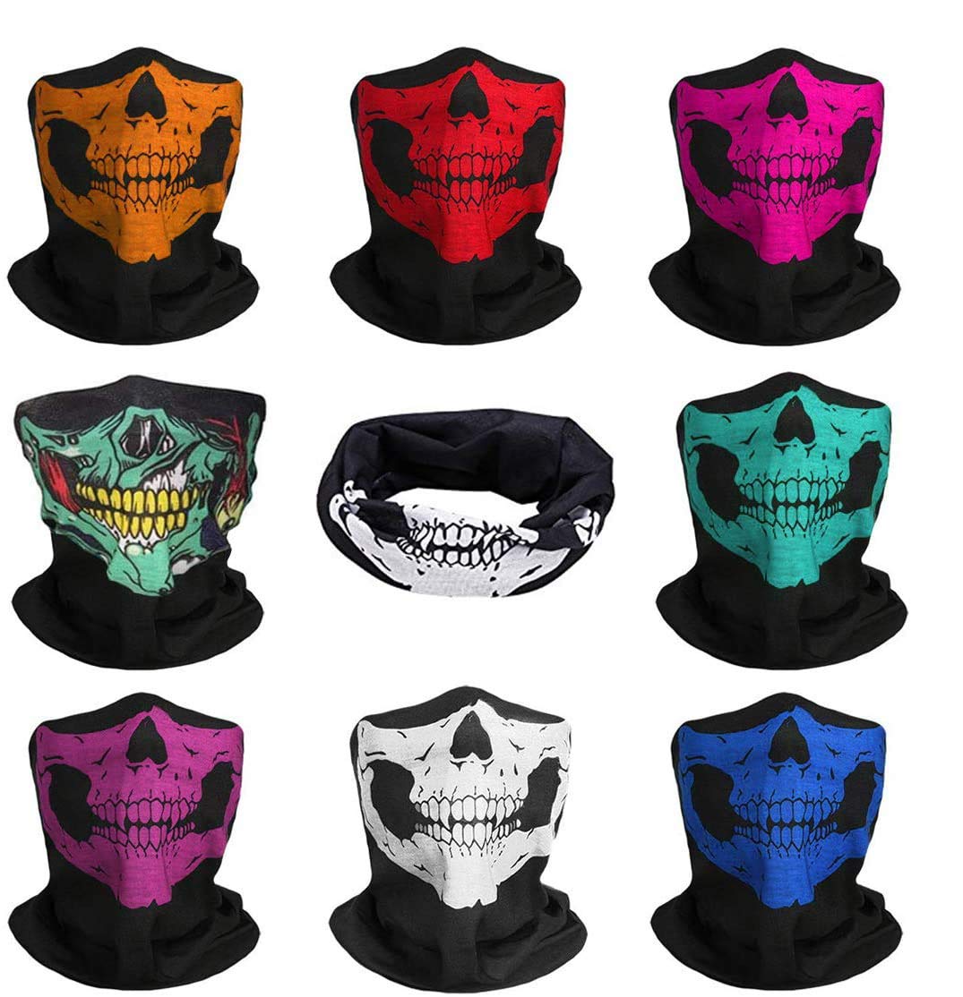 JAHEMU Skull Face Mask Halloween Magic Motorcycle Headwear Bandana Head Wrap Headband Scarf Neck Gaiter Sweatband for Men and Women Skiing Biking Climbing 8 Pieces