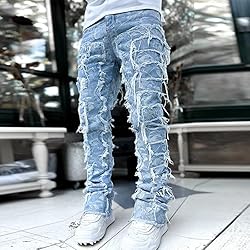 Kodaruber Mens Stacked Jeans Slim Fit Ripped Skinny
