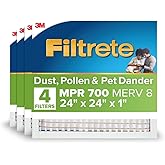 Filtrete 24x24x1 AC Furnace Air Filter, MPR 700, MERV 8, Tough on Pollen, Easy on Airflow, 3-Month Pleated 1-Inch Electrostatic Air Cleaning Filter, 4-Pack (Actual Size 23.81 x 23.81 x 0.81 in)