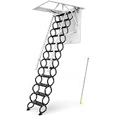 Ceiling Mount Attic Ladder, Retractable Attic Ladder Ceiling Pull Down System, 12 Steps Folding Loft Step with Armrests, Hidden Mount Attic Extension Stairs for Garage(Black, Step 12)