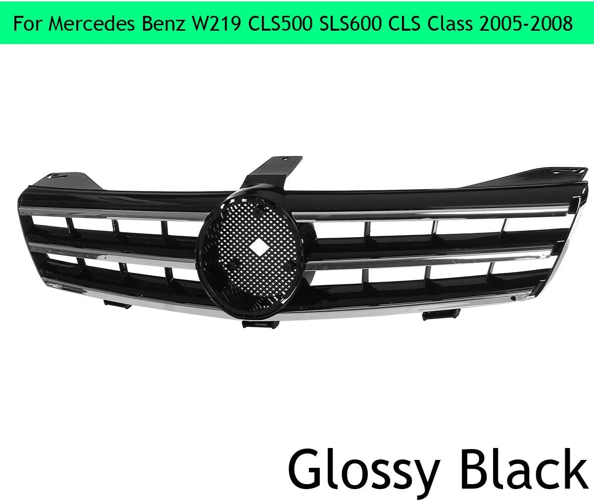 Mesh Front Grill, Radiator Sport Glossy Black 3 Fins Front Grille, for W219 CLS500 SLS600 CLS Class 2005-2008 Car Modified Accessories