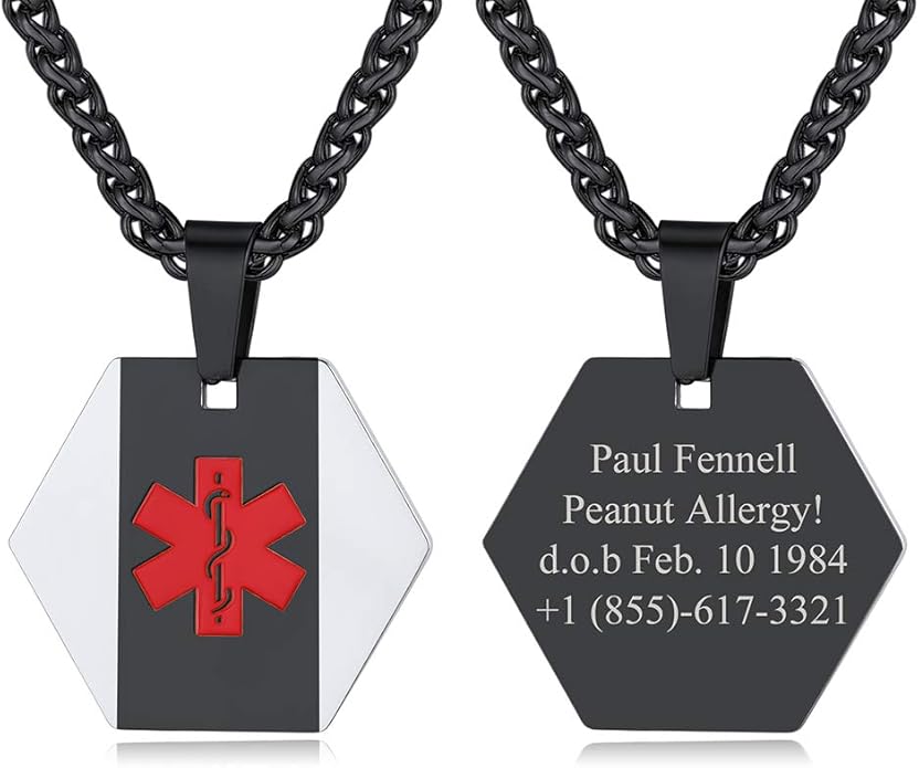 Custom4U Medical Id Pendant,Black Medcial Information Necklace with