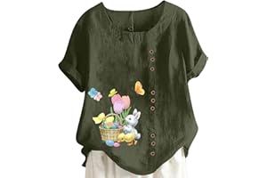 JEGULV Women Cotton Linen Tshirt Tops Casual Loose Fit Trendy Floral Printed Tunic Tees Short Sleeve Plus Size Button Blouses