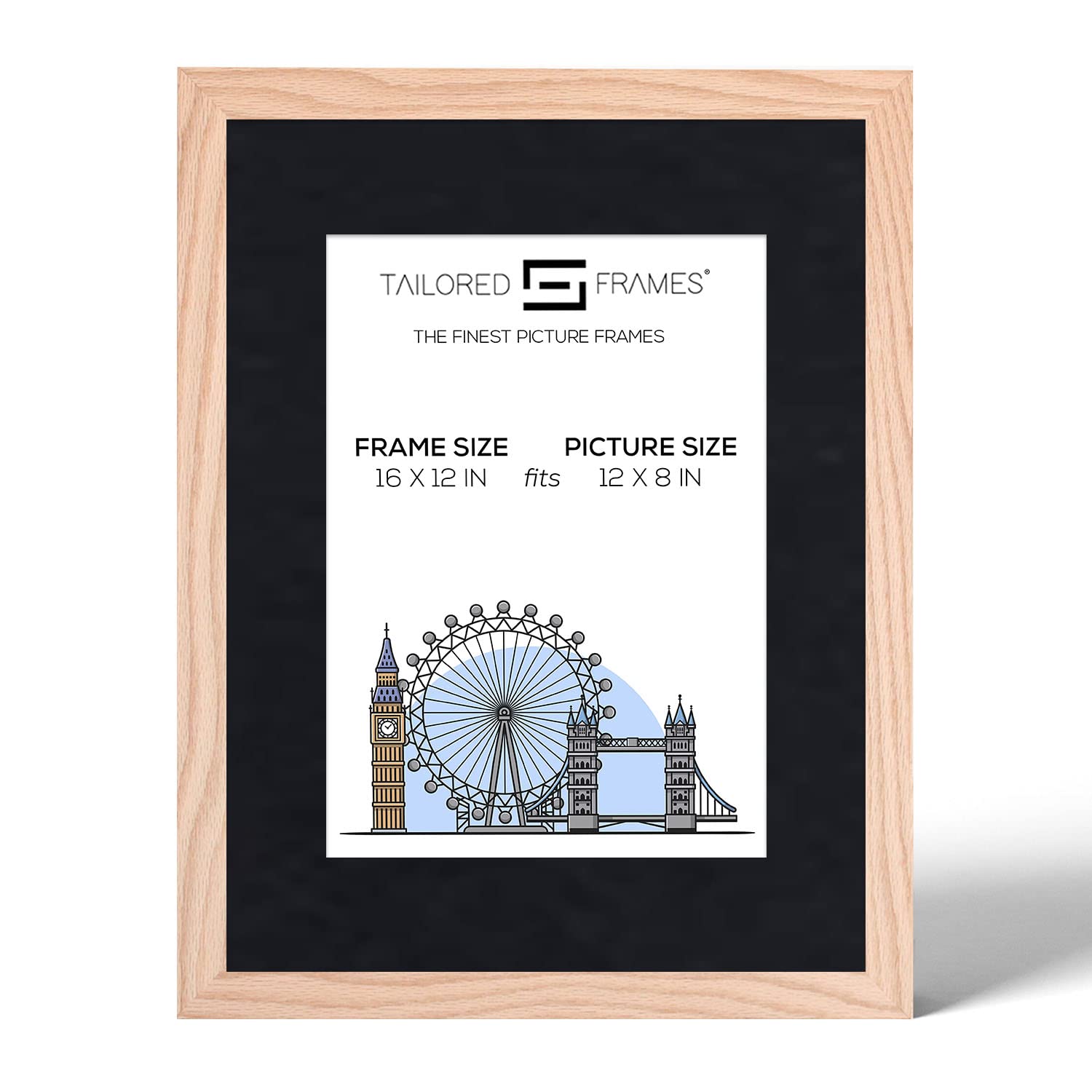 Tailored Frames 99 Solid Natural Oak 16" x 12" Frame for 12" x 8" Picture | Single Picture Frames | Wall Hanging Type | Photo Frame with Black Mount