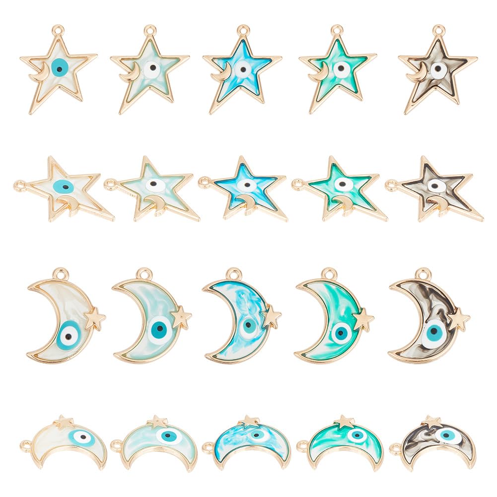 arricraft 20 Pcs Enamel Evil Eye Charms, Mixed Color Moons & Star Charms Alloy Evil Eye Pendants Turkish Eye Charms for Bracelet Necklace DIY Crafts Jewelry Making