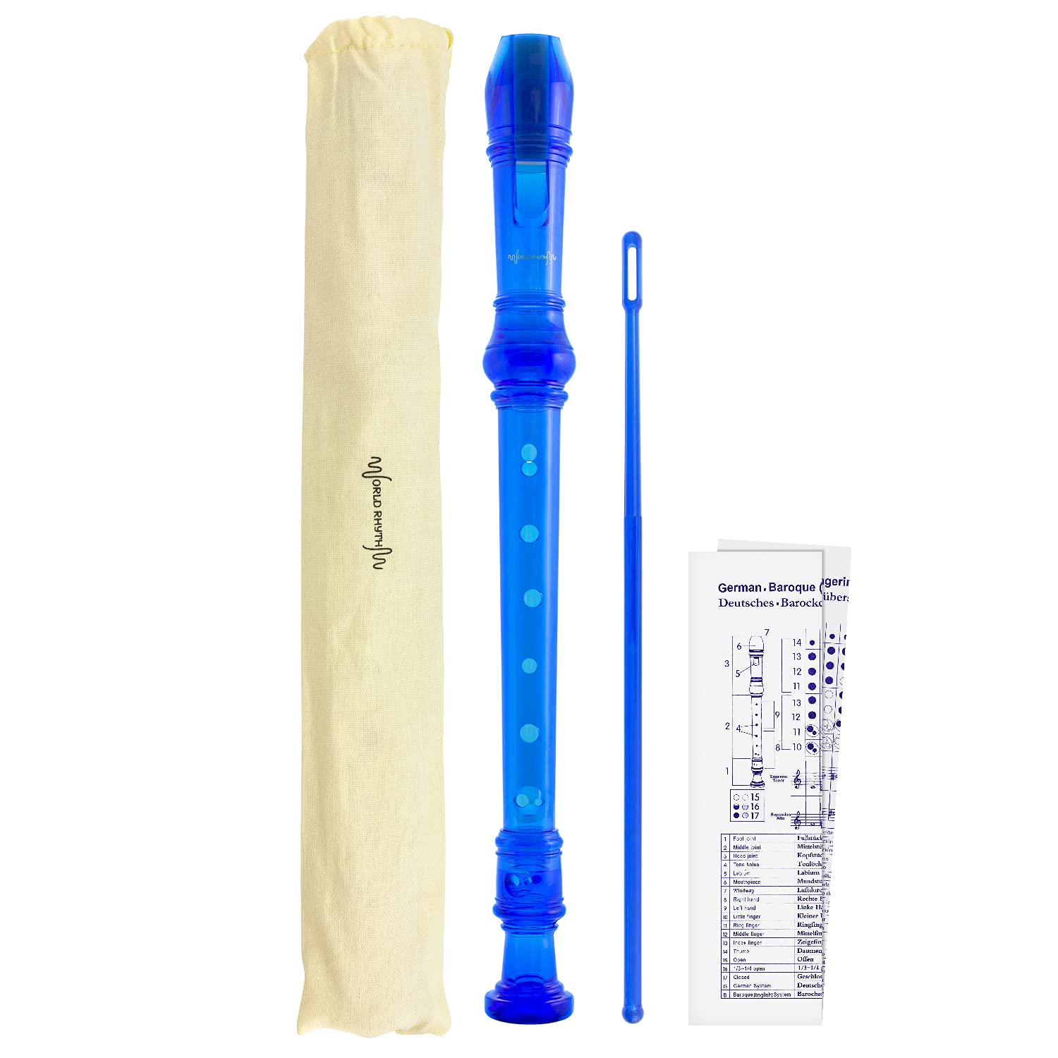 World Rhythm WR-801 Descant School Recorder with Bag, Cleaning Rod and Fingering Chart - Soprano - English/Baroque Fingering - Blue