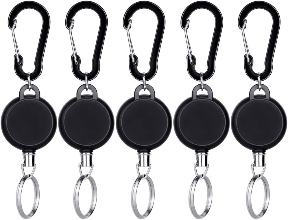 Selizo 5 Pcs Retractable Keychain Retractable Badge Holder Reel Clip ID Badge Holder with Steel Wire Rope, Black